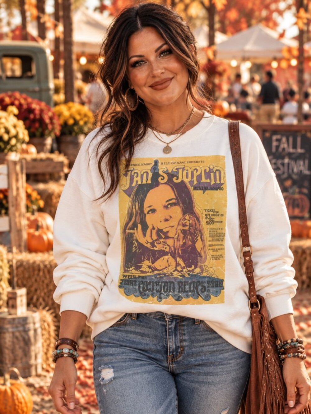 Janis Joplin Vintage Concert Graphic White Sweatshirt
